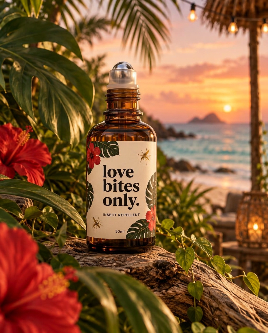 A Love Bites Only amber roll-on bottle on driftwood among jungle leaves and red hibiscus, a tropical beach sunset behind